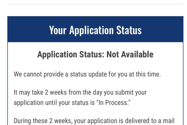 webpage of the US passport application status that reads: Not Available