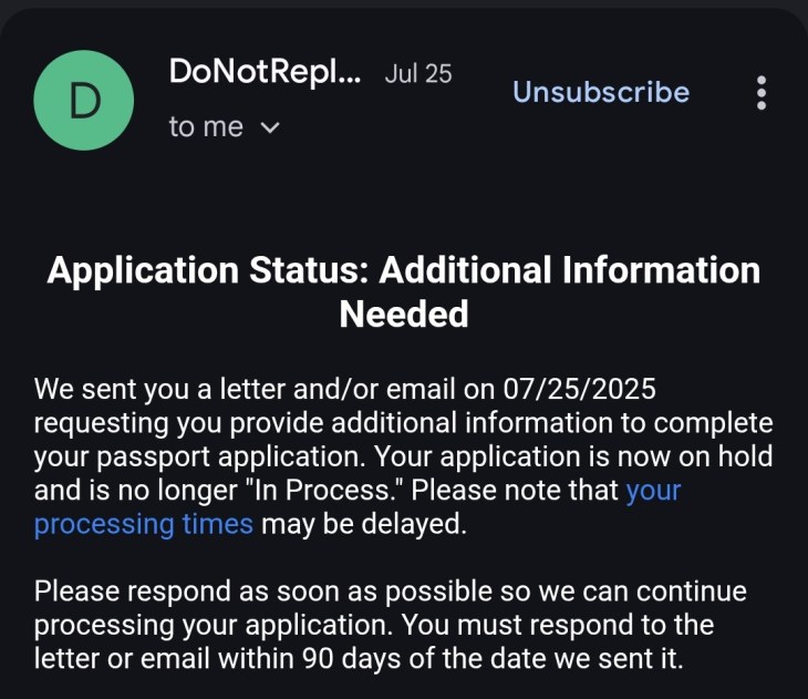 another email on my passport application status, saying they need more info from me. Another delay noooo