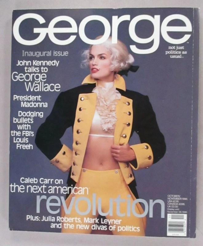 Cover of the first issue of George magazine, with supermodel Cindy Crawford dressed as George Washington. From October 1995