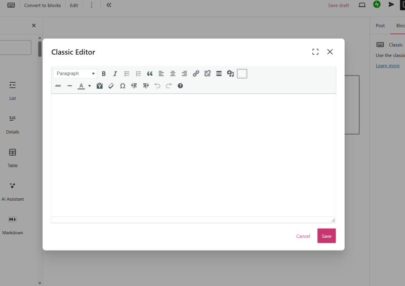 a pop-up window for WordPress's Classic Editor