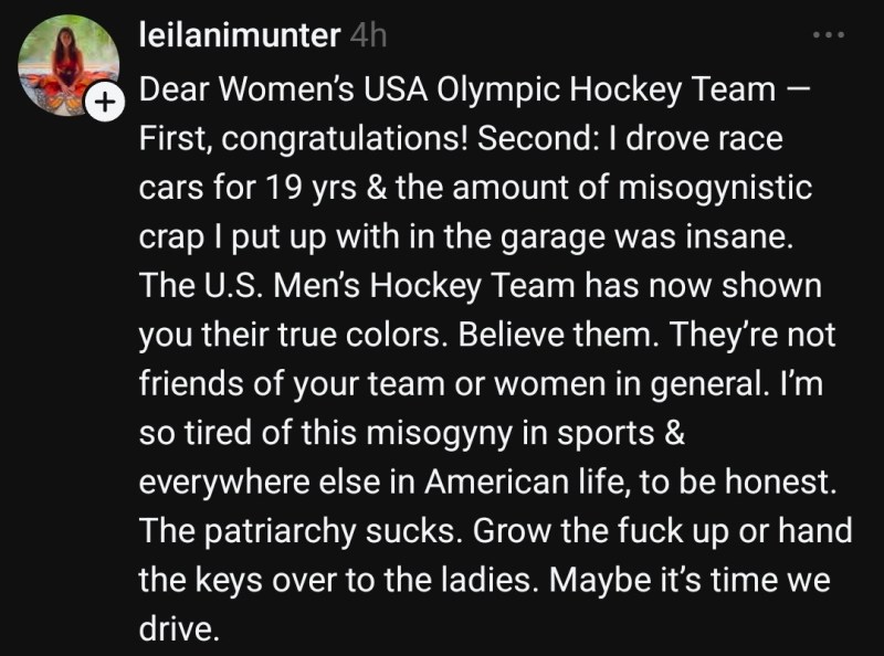 A post from Threads that congratulates the US Women's Hockey Team and criticizes the US Men's Hockey Team for kowtowing to the Trump regime & reinforcing the worst of white male privilege. 
